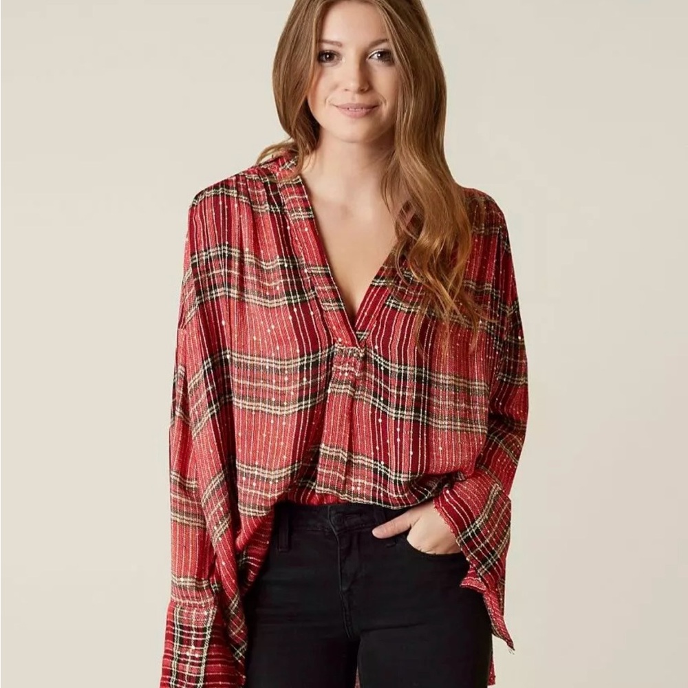 Free People Red and Black Plaid V-Neck Blouse extra large even tho tag says “med